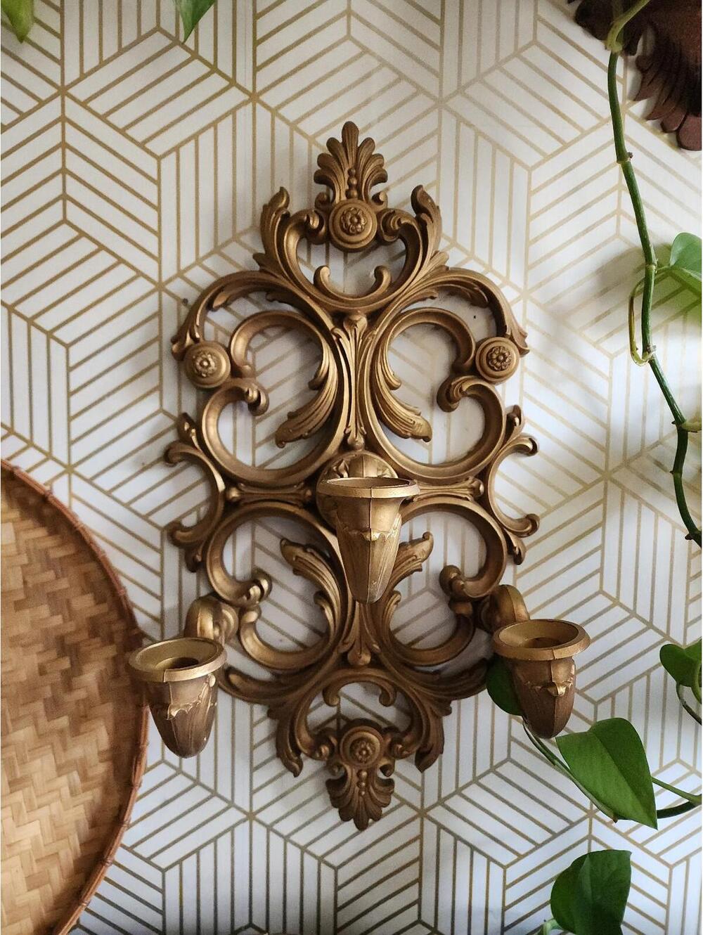 Vintage 1979 Homco 3 Candle Wall Sconce Gold Guilded Hollywood Regency USA